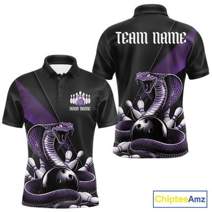 Front and back black mens bowling polo featuring a purple cobra coiled around a bowling ball with scattered bowling pins.