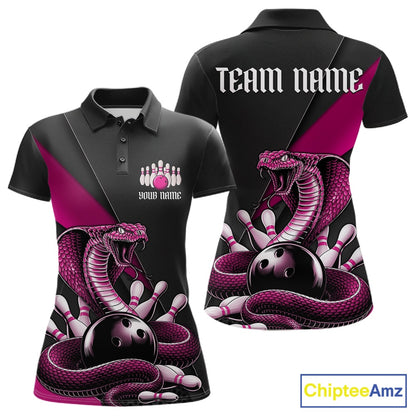 Front and back black womens bowling polo featuring a pink cobra coiled around a bowling ball and scattered pins.