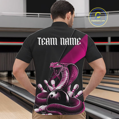 Front view of a black mens bowling quarter-zip showcasing a pink cobra, bowling ball, and scattered pin graphics.