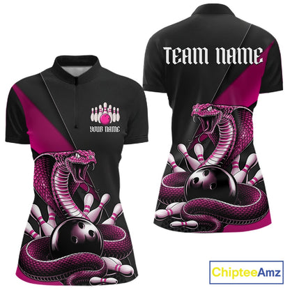 Front and back womens black bowling quarter-zip featuring a pink cobra coiled around a bowling ball and scattered bowling pins.