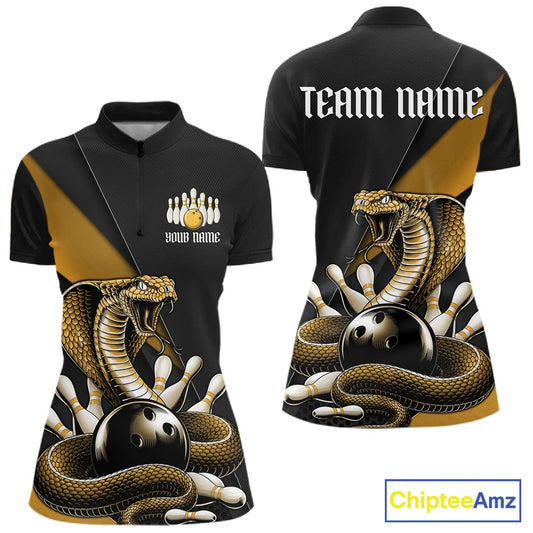 Front and back black womens bowling quarter-zip featuring a yellow cobra coiled around a bowling ball with scattered pins.