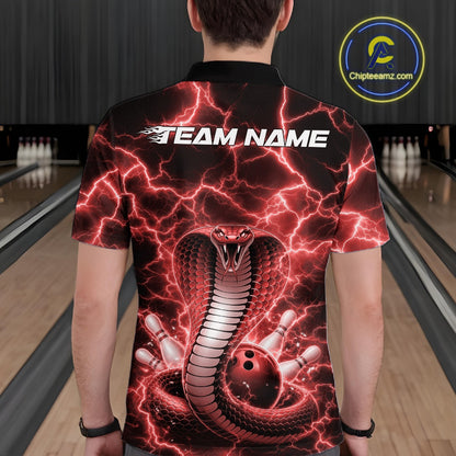 Back view of a mens bowling polo displaying a red cobra wrapped around a bowling ball against a lightning backdrop.
