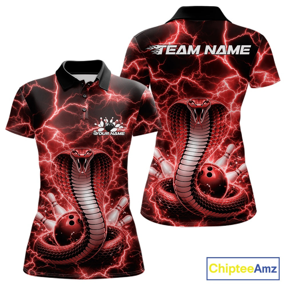 Front and back womens bowling polo featuring a red cobra coiled around a bowling ball with lightning background artwork.