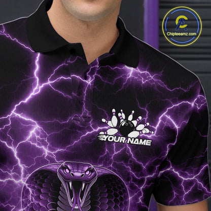 Close-up left chest detail of a bowling polo featuring a purple cobra coiled around a bowling ball with lightning artwork.