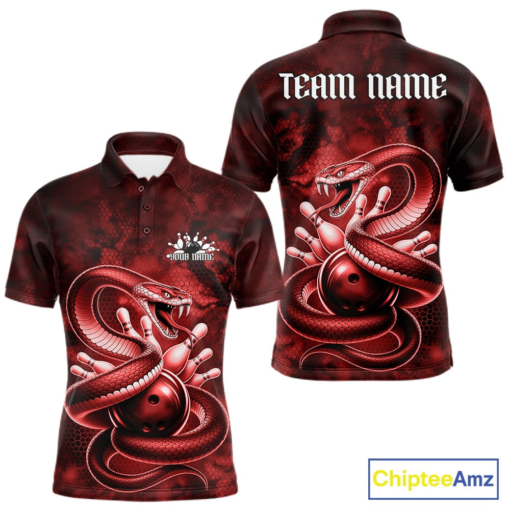 Front and back mens bowling polo featuring a red cobra coiled around a bowling ball with scattered pins in dark fantasy style.