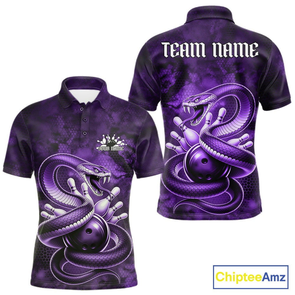 Front and back mens bowling polo featuring a purple cobra coiled around a bowling ball with scattered pins in dark fantasy style.