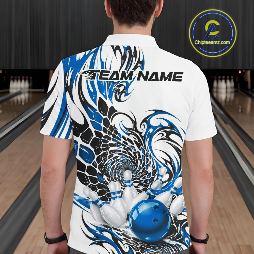 Back view of a male model wearing a white bowling polo shirt featuring blue and black tribal graphics, scale-inspired textures, and a red bowling ball illustration