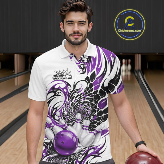Front view of a male model wearing a white bowling polo shirt with purple and black tribal accents and a red bowling ball hitting the pins