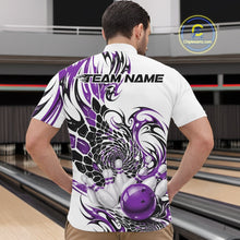 Load image into Gallery viewer, Male model at the bowling lane wearing a white quarter-zip bowling shirt featuring purple and black tribal graphics and a red bowling strike illustration