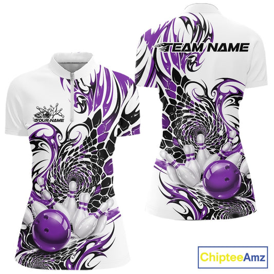 Front and back view of a womens white bowling quarter-zip mockup featuring purple and black tribal artwork and bowling action imagery