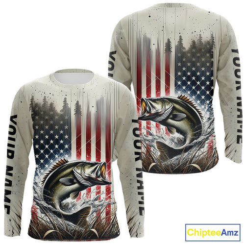 Custom Patriotic US Flag Largemouth Bass Long Sleeve Fishing Shirts, Bass Fishing Jerseys IPHW9215
