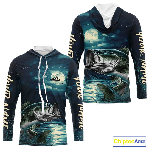 Full Moon Fishing Custom Largemouth Bass Long Sleeve Hooded Night Fishing Shirts For Fishing Lovers IPHW9221