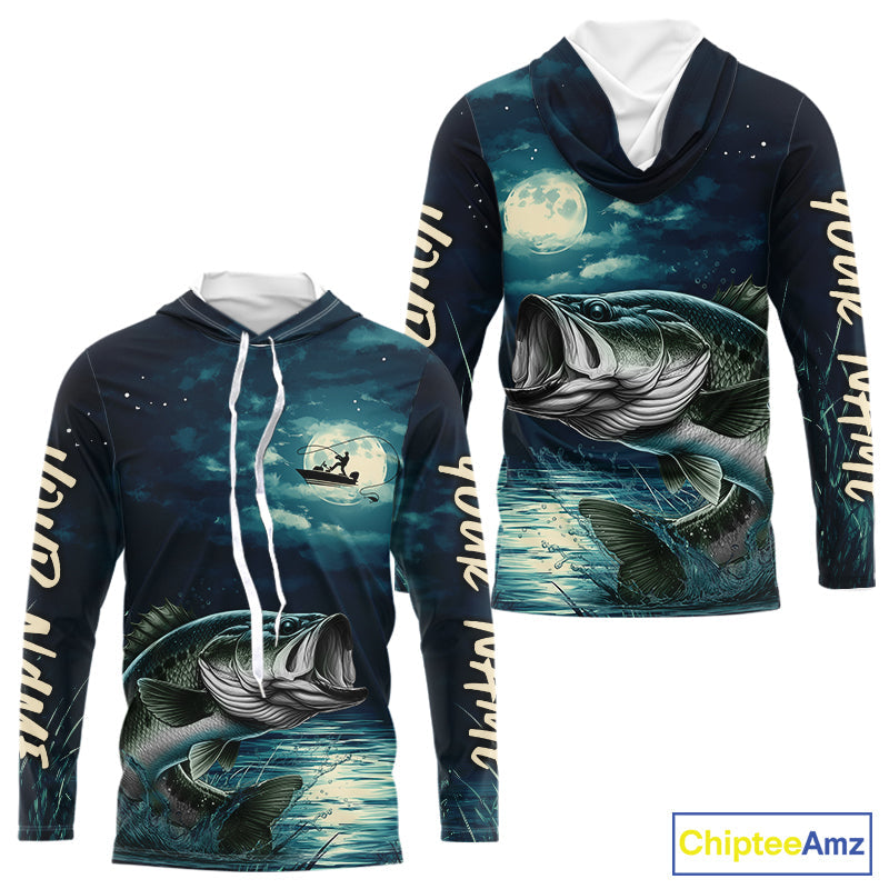 Full Moon Fishing Custom Largemouth Bass Long Sleeve Hooded Night Fishing Shirts For Fishing Lovers IPHW9221