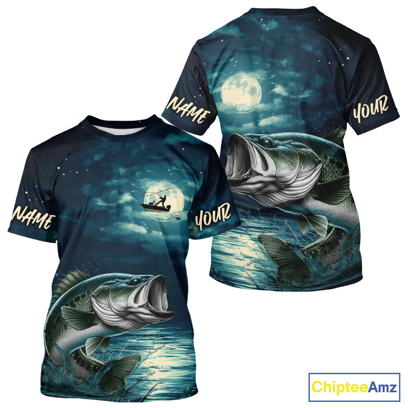 Full Moon Fishing Custom Largemouth Bass Night Fishing T-Shirts For Fishing Lovers IPHW9221