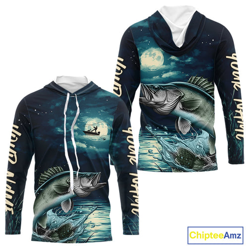 Full Moon Fishing Custom Walleye Long Sleeve Hooded Night Fishing Shirts For Fishing Lovers IPHW9222