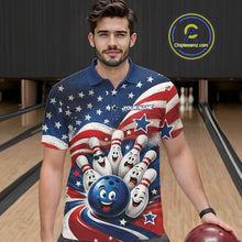 Load image into Gallery viewer, Front view of a male model wearing a bowling polo shirt featuring a funny bowling ball surrounded by cheerful animated pins with flowing American flag waves and scattered stars in a bowling lane.