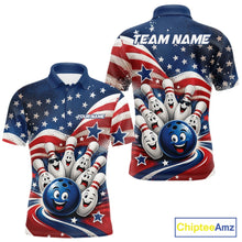 Load image into Gallery viewer, Front and back view of a men's bowling polo shirt mockup featuring a funny bowling ball surrounded by cheerful animated pins with flowing American flag waves and scattered stars.