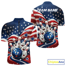 Load image into Gallery viewer, Front and back view of a men's bowling quarter zip shirt mockup featuring a funny bowling ball surrounded by cheerful animated pins with flowing American flag waves and scattered stars.