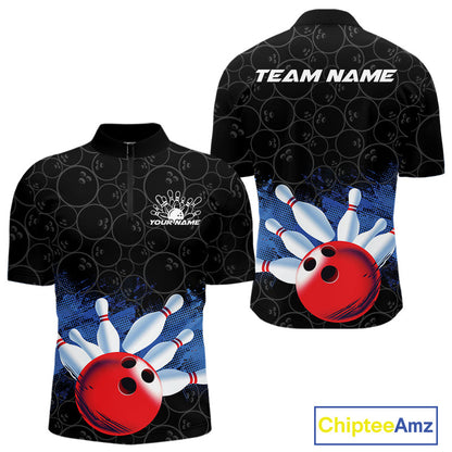 Custom Bowling Pattern Bowling Quarter-Zip Team Shirts For Men, Bowling League Shirt IPHW9545