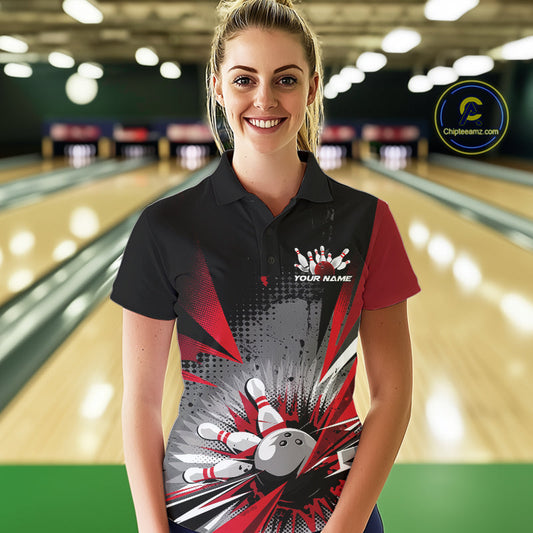Custom Black And Red Grunge Bowling Ball And Pins Explosion Team Polo Shirts For Women IPHW9547