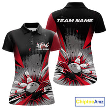 Load image into Gallery viewer, Custom Black And Red Grunge Bowling Ball And Pins Explosion Team Polo Shirts For Women IPHW9547