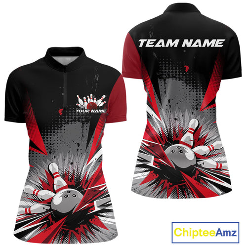 Custom Black And Red Grunge Bowling Ball And Pins Explosion Team Women Quarter-Zip Shirt IPHW9547