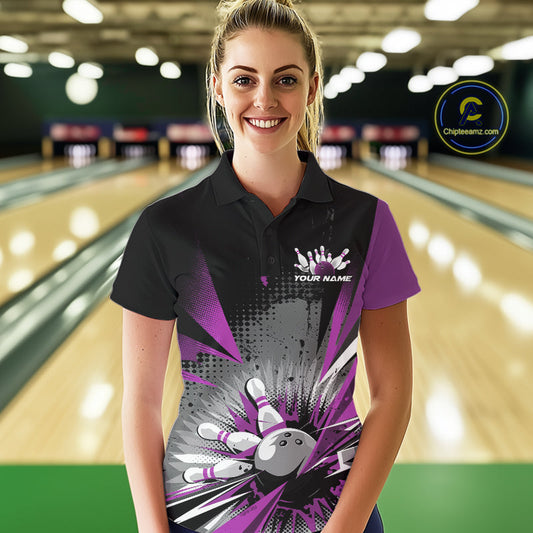 Custom Black And Purple Grunge Bowling Ball And Pins Explosion Team Polo Shirts For Women IPHW9549