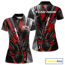 Load image into Gallery viewer, Custom Grunge Black And Red Fire Flame Bowling Women Polo Shirt, Bowling Team Uniform IPHW9555