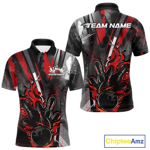 Custom Grunge Black And Red Fire Flame Bowling Polo Shirts For Men, Bowling Team Uniform IPHW9555
