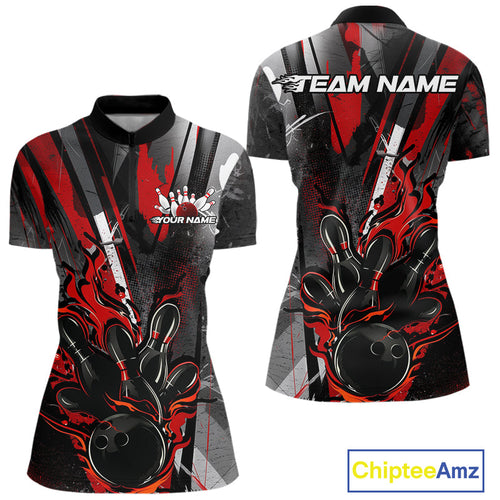 Custom Grunge Black And Red Fire Flame Bowling Women Quarter-Zip Shirt, Bowling Uniform IPHW9555