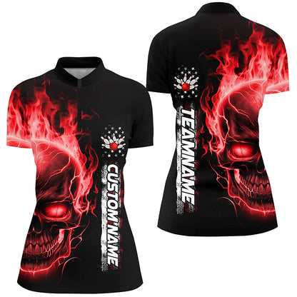 Flame Skull American Flag Custom Team Bowling Shirts For Women, Patriotic Bowling Shirt IPHW5155
