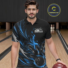 Load image into Gallery viewer, Custom Black And Blue Fire Flame Bowling Men Jerseys, Bowling League Polo Shirt IPHW10309