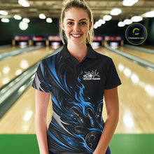 Load image into Gallery viewer, Custom Black And Blue Fire Flame Bowling Women Jerseys, Bowling League Polo Shirt IPHW10309