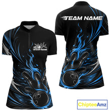 Load image into Gallery viewer, Custom Black And Blue Fire Flame Bowling Women Jerseys, Bowling League Quarter-Zip Shirt IPHW10309