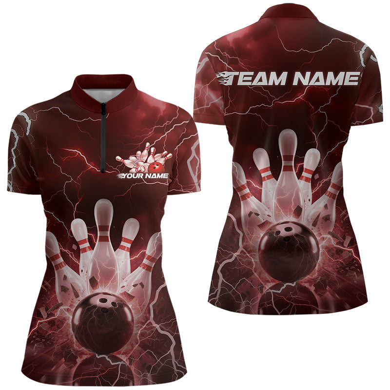 Custom Black And Red Thunder Lightning Bowling Quarter-Zip Shirt For Women, Bowling Jerseys IPHW8514