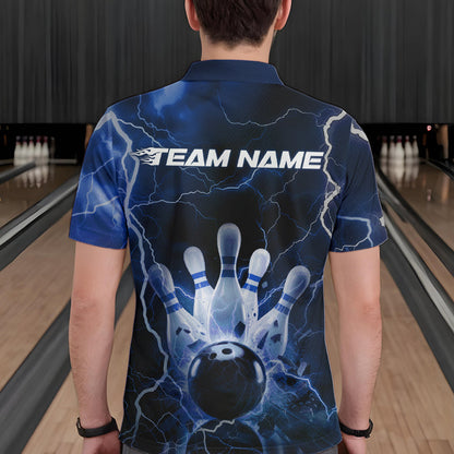 Custom Black And Blue Thunder Lightning Bowling Polo Team Shirts For Men, Bowling Jerseys IPHW8516