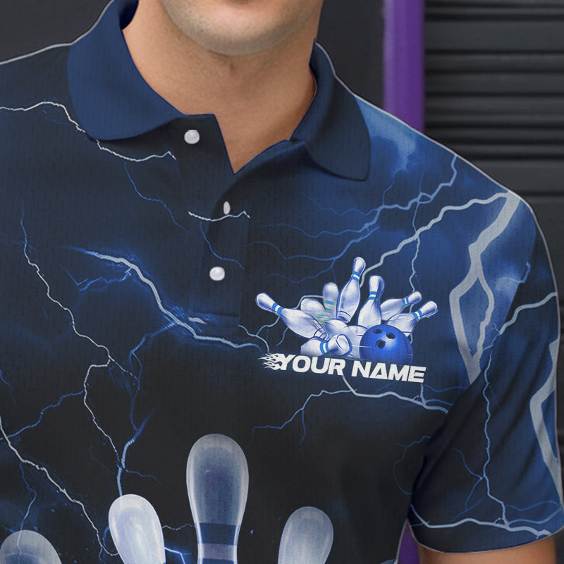 Custom Black And Blue Thunder Lightning Bowling Polo Team Shirts For Men, Bowling Jerseys IPHW8516