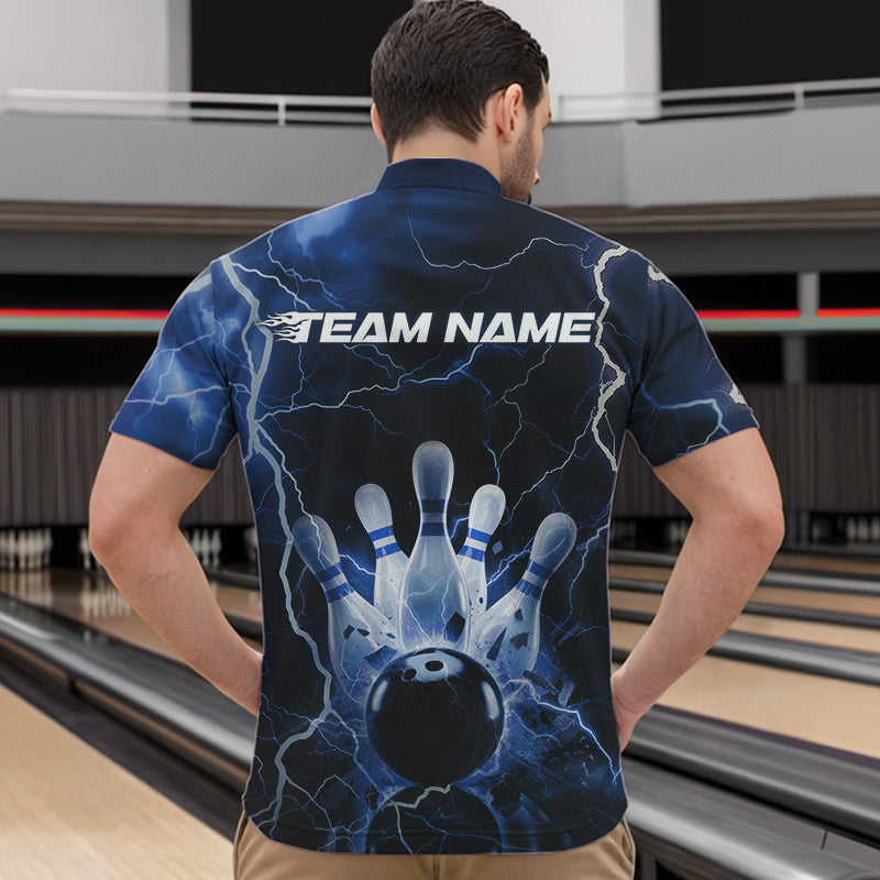 Custom Black And Blue Thunder Lightning Bowling Quarter-Zip Team Shirts For Men, Bowling Jerseys IPHW8516