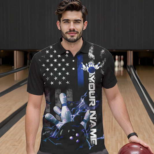 Custom Black And Blue Thin Line American Flag Patriotic US Bowling Team Polo Shirts For Men IPHW8518