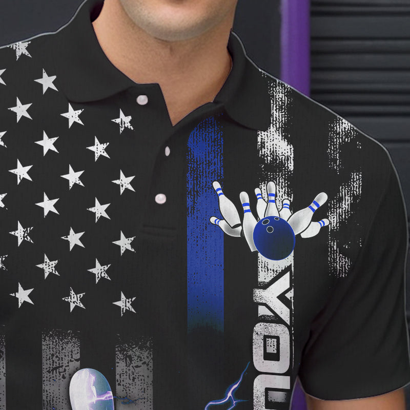 Custom Black And Blue Thin Line American Flag Patriotic US Bowling Team Polo Shirts For Men IPHW8518