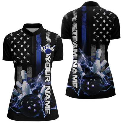 Custom Black And Blue Thin Line American Flag US Bowling Team Quarter-Zip Shirts For Women IPHW8518
