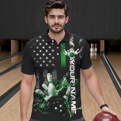 Custom Black And Green Thin Line American Flag Patriotic US Bowling Team Polo Shirts For Men IPHW8519
