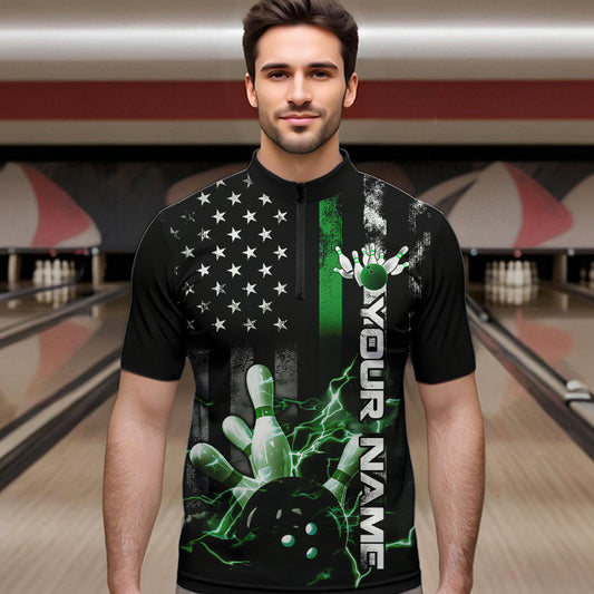 Custom Black And Green Thin Line American Flag Patriotic US Bowling Team Quarter-Zip Shirts For Men IPHW8519