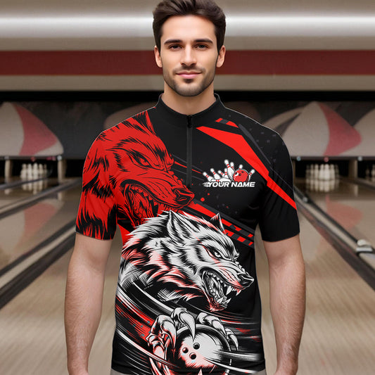 Custom Black And Red Wolf Bowling Men Quarter-Zip Shirts, Wolf Bowling League Shirt Team Uniform IPHW8714