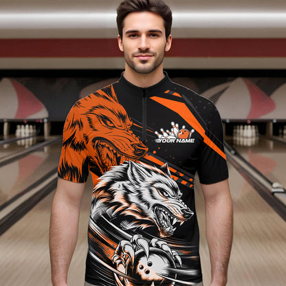 Custom Black And Orange Wolf Bowling Men Quarter-Zip Shirts, Wolf Bowling League Shirt Team Uniform IPHW8715