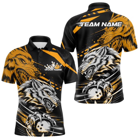 Custom Black And Yellow Wolf Bowling Men Polo Shirts, Wolf Bowling League Shirt Team Uniform IPHW8716