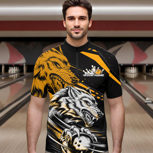 Custom Black And Yellow Wolf Bowling Men Quarter-Zip Shirts, Wolf Bowling League Shirt Team Uniform IPHW8716
