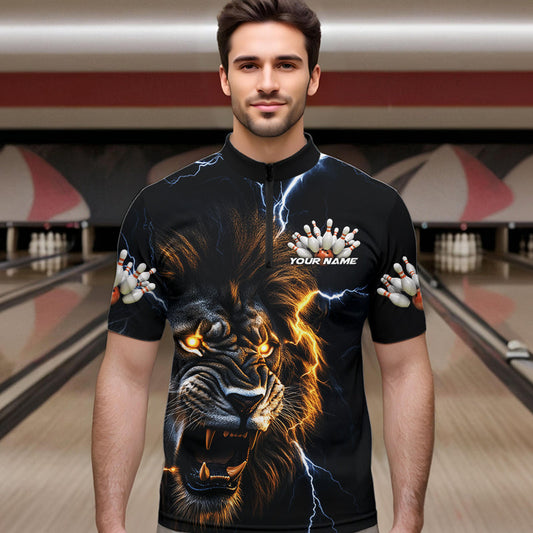 Custom Blue Thunder Lightning Lion Bowling Team Men Quarter-Zip Shirts, Lion Bowling League Shirt IPHW8986