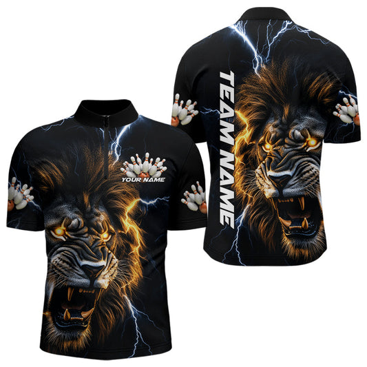 Custom Blue Thunder Lightning Lion Bowling Team Men Quarter-Zip Shirts, Lion Bowling League Shirt IPHW8986