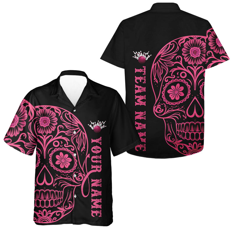 Pink Sugar Skull Tattoo Custom Bowling Team Men And Women Hawaiian Shirts, Halloween Bowling Jerseys IPHW6711